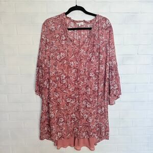 Lucky Brand Women's Dusky Rose Shift Dress Bell Sleeves with Slip sz L